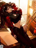 A woman sitting on top of a bed next to stairs.