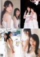 A collage of photos of a woman in a white dress.